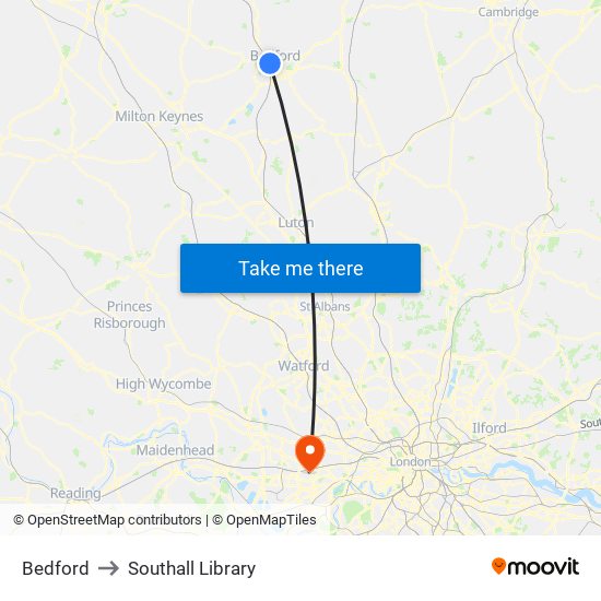 Bedford to Southall Library map