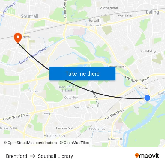 Brentford to Southall Library map