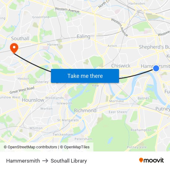 Hammersmith to Southall Library map