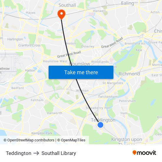 Teddington to Southall Library map