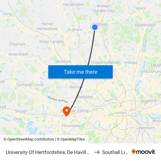 University Of Hertfordshire, De Havilland Campus to Southall Library map