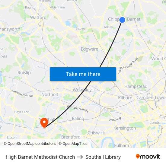 High Barnet Methodist Church to Southall Library map
