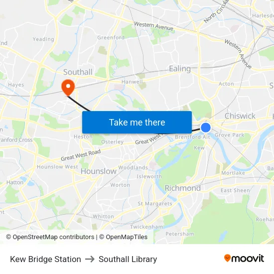 Kew Bridge Station to Southall Library map