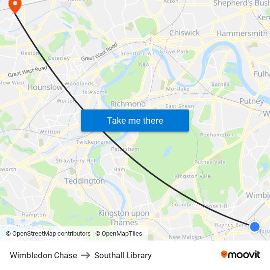 Wimbledon Chase to Southall Library map