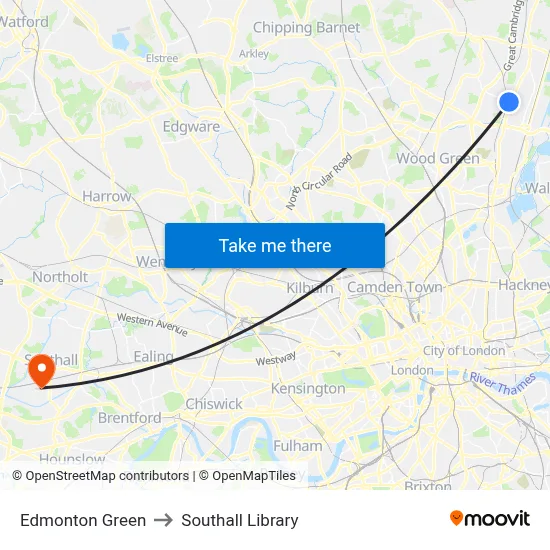 Edmonton Green to Southall Library map