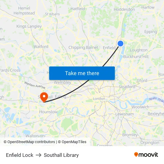 Enfield Lock to Southall Library map