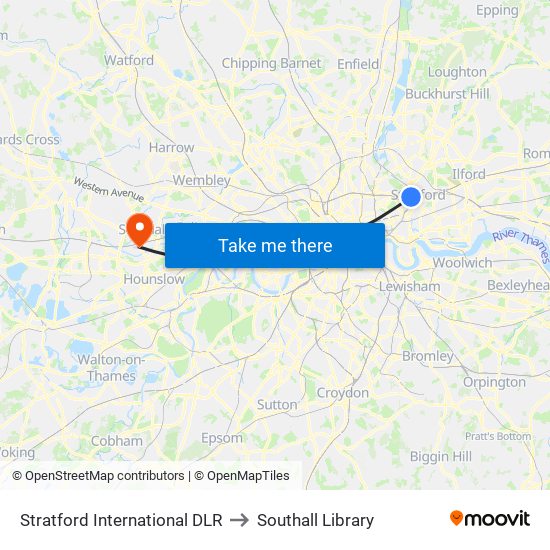 Stratford International DLR to Southall Library map