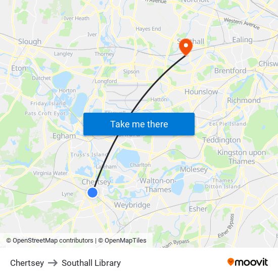 Chertsey to Southall Library map