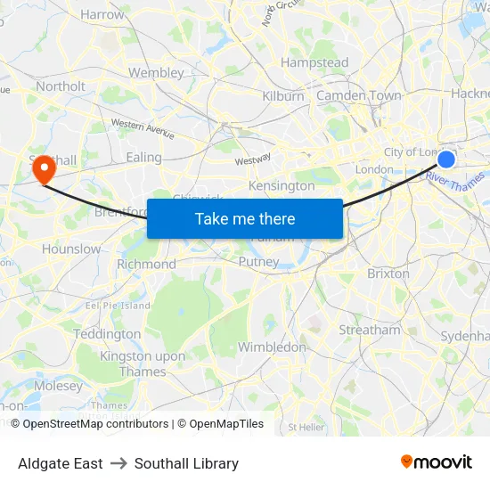 Aldgate East to Southall Library map