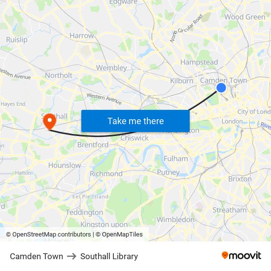 Camden Town to Southall Library map