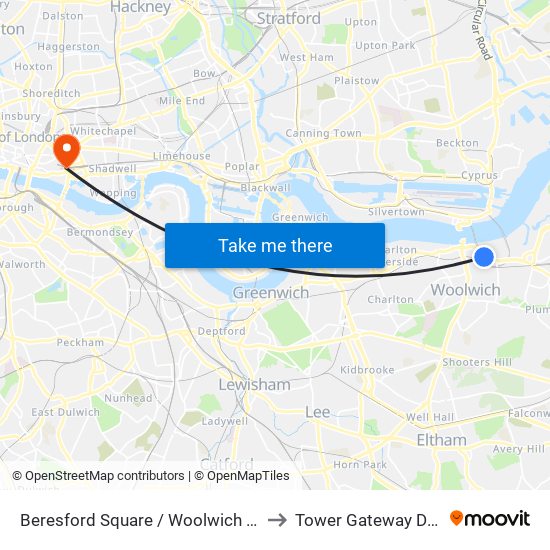 Beresford Square / Woolwich Arsenal Station to Tower Gateway DLR Station map