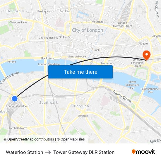 Waterloo Station to Tower Gateway DLR Station map