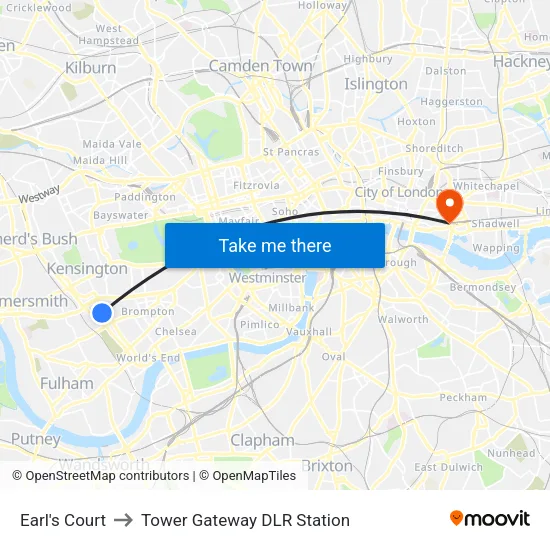 Earl's Court to Tower Gateway DLR Station map