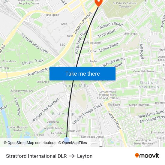 Stratford International DLR to Leyton map