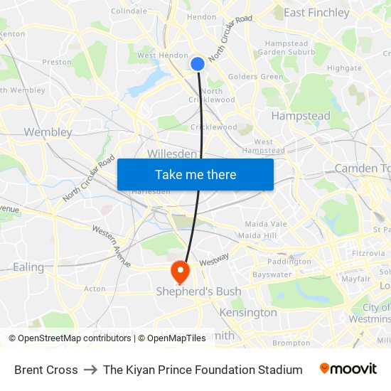 Brent Cross to The Kiyan Prince Foundation Stadium map