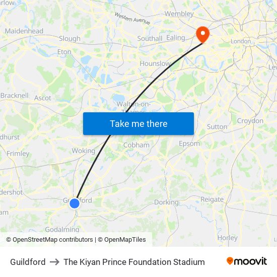 Guildford to The Kiyan Prince Foundation Stadium map