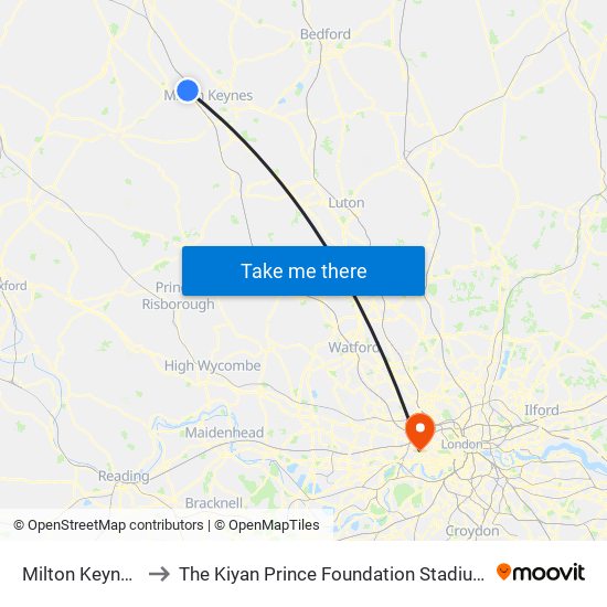 Milton Keynes to The Kiyan Prince Foundation Stadium map