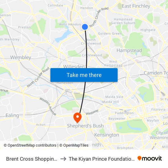 Brent Cross Shopping Centre to The Kiyan Prince Foundation Stadium map