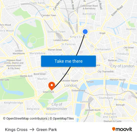 Kings Cross to Green Park map
