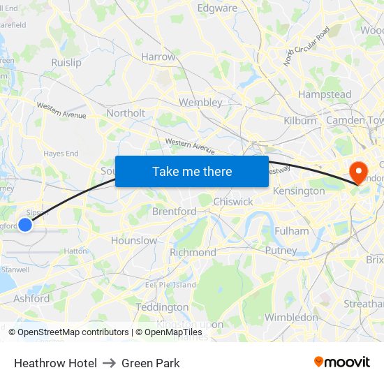 Heathrow Hotel to Green Park map
