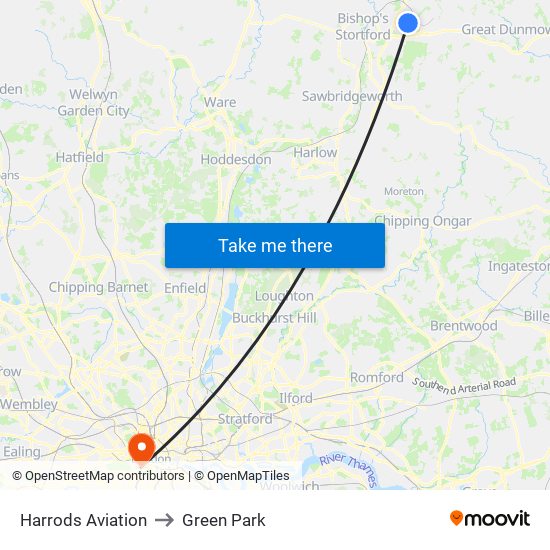 Harrods Aviation to Green Park map