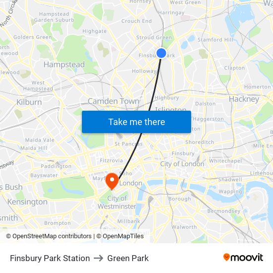 Finsbury Park Station to Green Park map