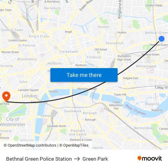 Bethnal Green Police Station to Green Park map