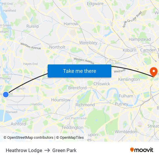 Heathrow Lodge to Green Park map