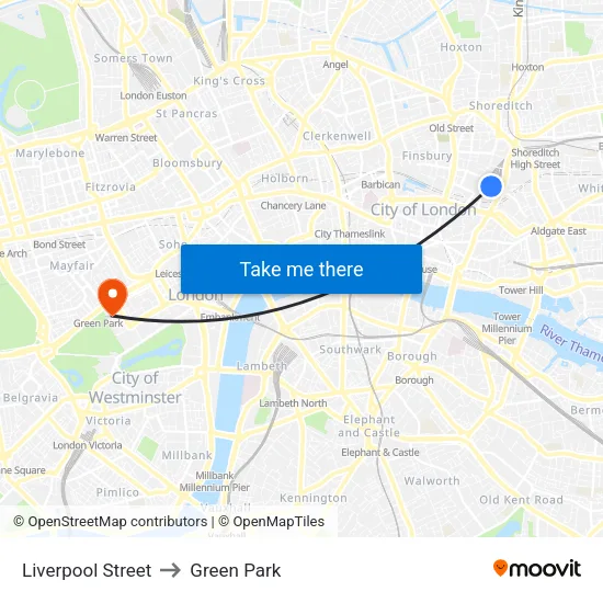 Liverpool Street to Green Park map