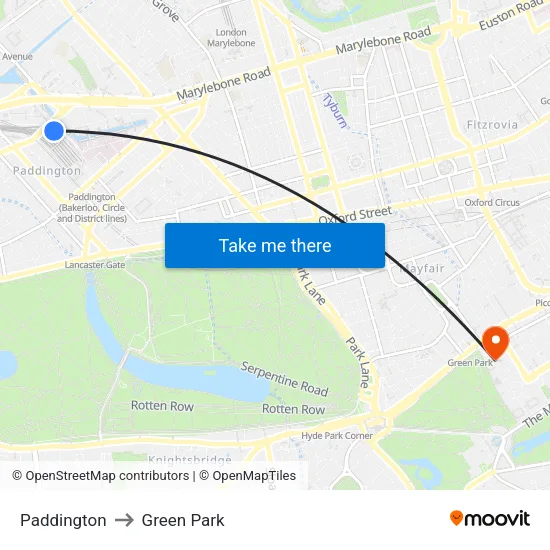 Paddington to Green Park map
