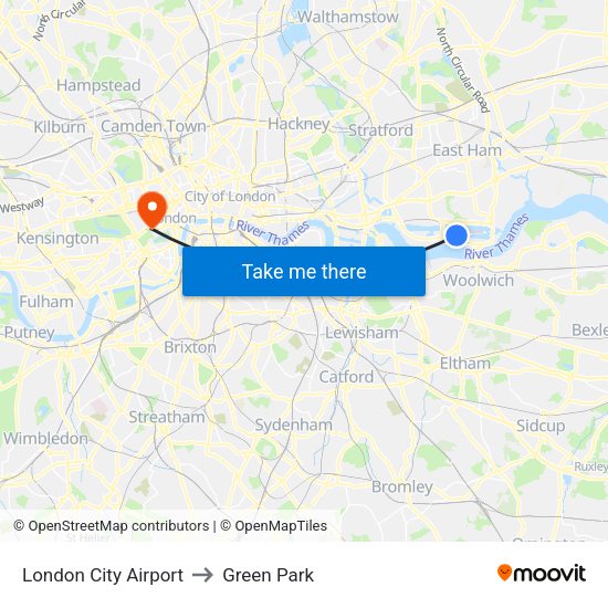 London City Airport to Green Park map