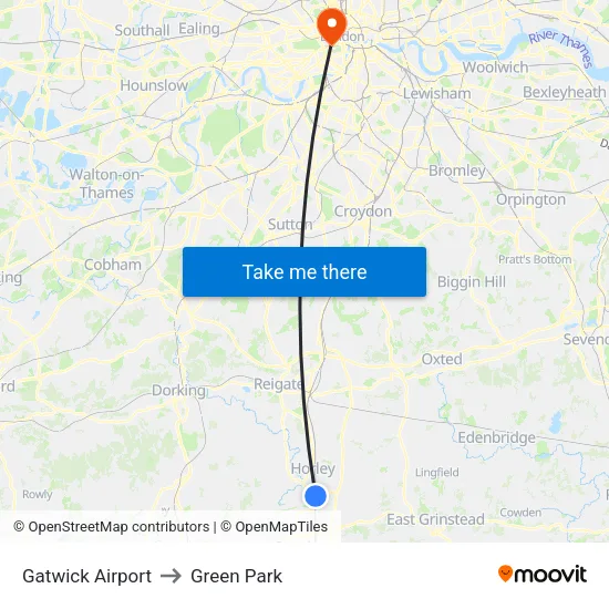 Gatwick Airport to Green Park map