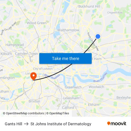 Gants Hill to St Johns Institute of Dermatology map