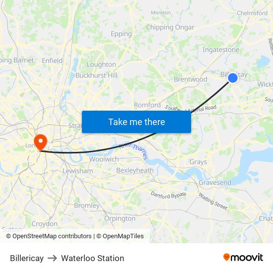 Billericay to Waterloo Station map