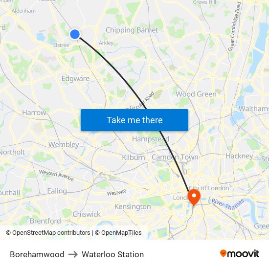 Borehamwood to Waterloo Station map