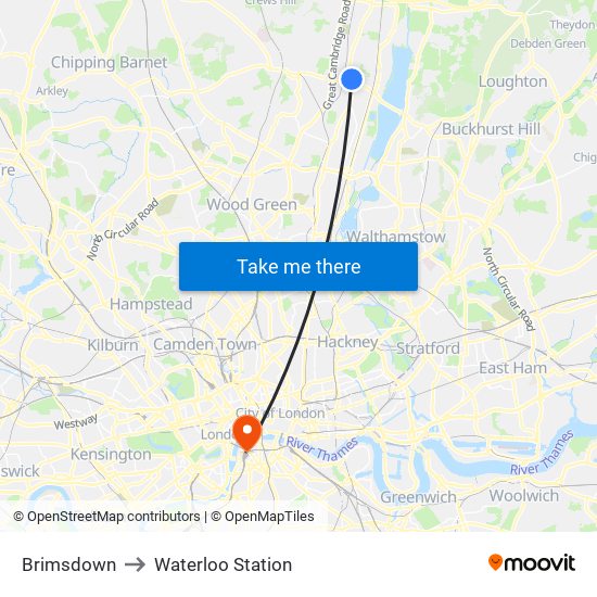 Brimsdown to Waterloo Station map