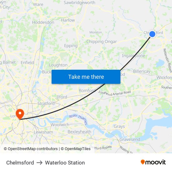 Chelmsford to Waterloo Station map