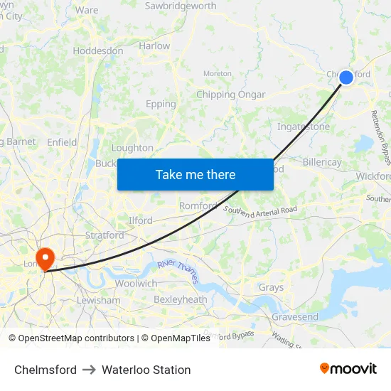 Chelmsford to Waterloo Station map