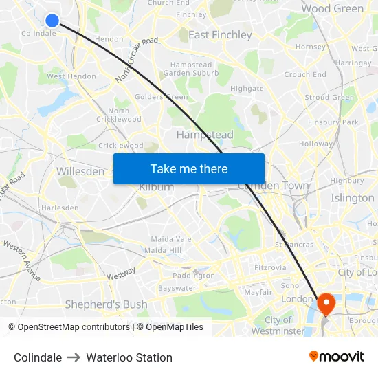Colindale to Waterloo Station map