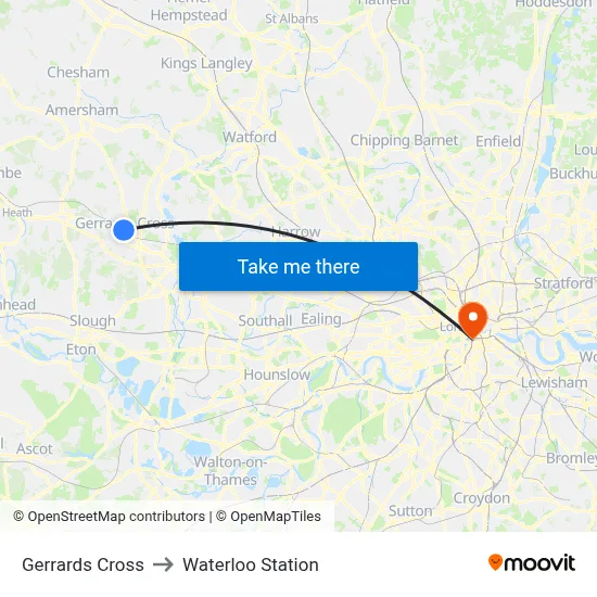 Gerrards Cross to Waterloo Station map