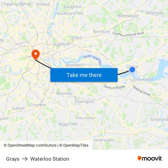 Grays to Waterloo Station map