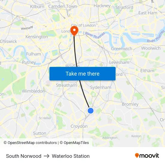 South Norwood to Waterloo Station map