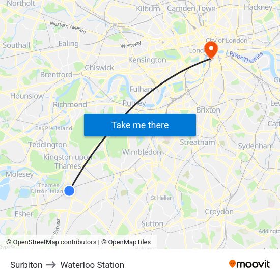 Surbiton to Waterloo Station map