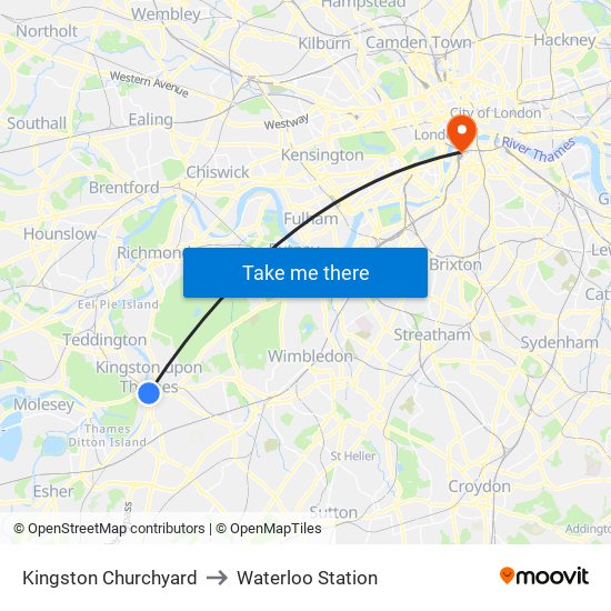 Kingston Churchyard to Waterloo Station map