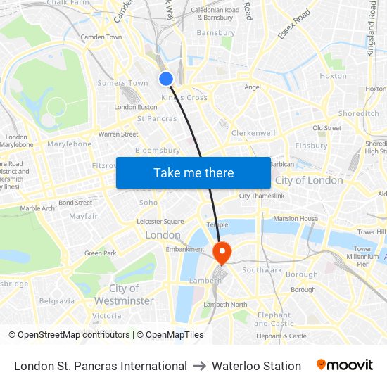 London St. Pancras International to Waterloo Station map