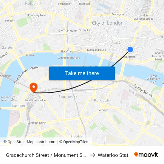 Gracechurch Street / Monument Station to Waterloo Station map