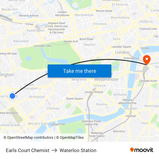 Earls Court Chemist to Waterloo Station map
