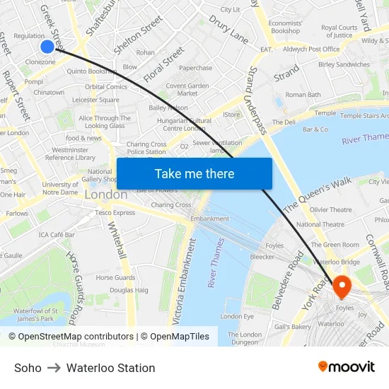 Soho to Waterloo Station map