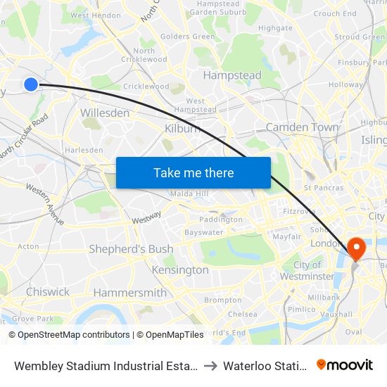 Wembley Stadium Industrial Estate to Waterloo Station map