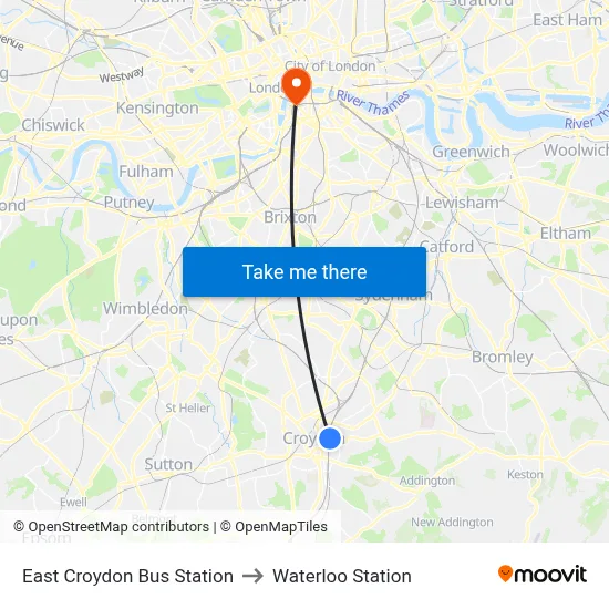 East Croydon Bus Station to Waterloo Station map